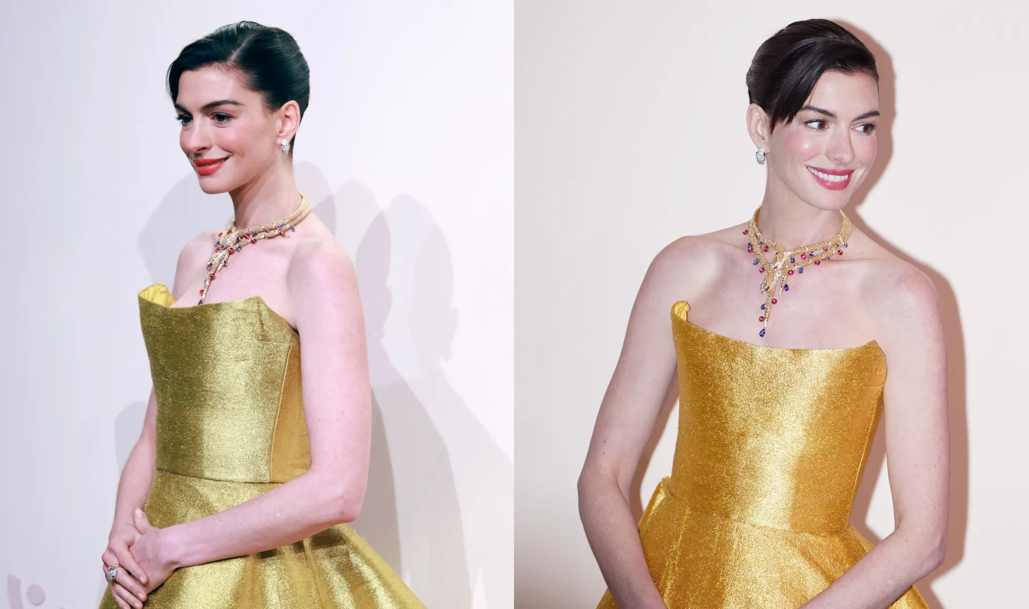 安妮·海瑟薇 (Anne Hathaway) 身穿奧斯卡·德拉倫塔 (Oscar de la Renta) 雕塑禮服和 Serpenti 項鍊在寶格麗 (Bulgari) 上海展覽發布會上慶祝即將到來的蛇年