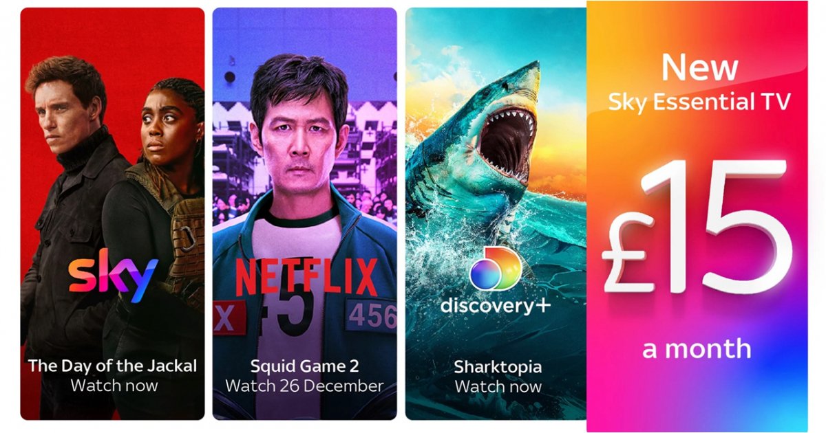 全新 Sky Essential 電視套餐包含 Sky、Netflix 和 discovery+，只要下午 15 英鎊